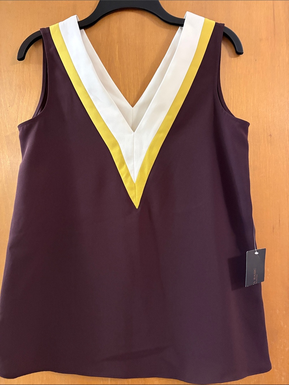 Zara Plum Sleeveless V-Neck Top with White and Yellow Trim